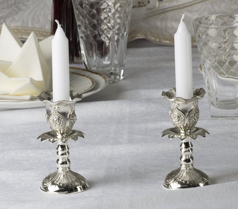 Ner Mitzvah Silver Plated Candlesticks, Pair of 4 Inch Ornate Candle Holders with Round Base and Floral Design (Pack of 2) - Image 4