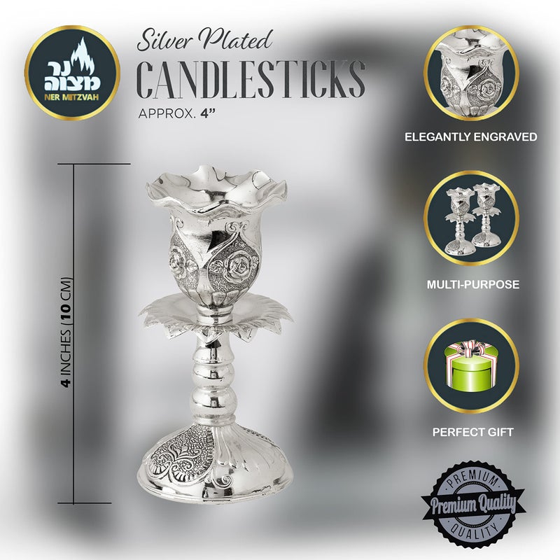 Ner Mitzvah Silver Plated Candlesticks, Pair of 4 Inch Ornate Candle Holders with Round Base and Floral Design (Pack of 2) - Image 3