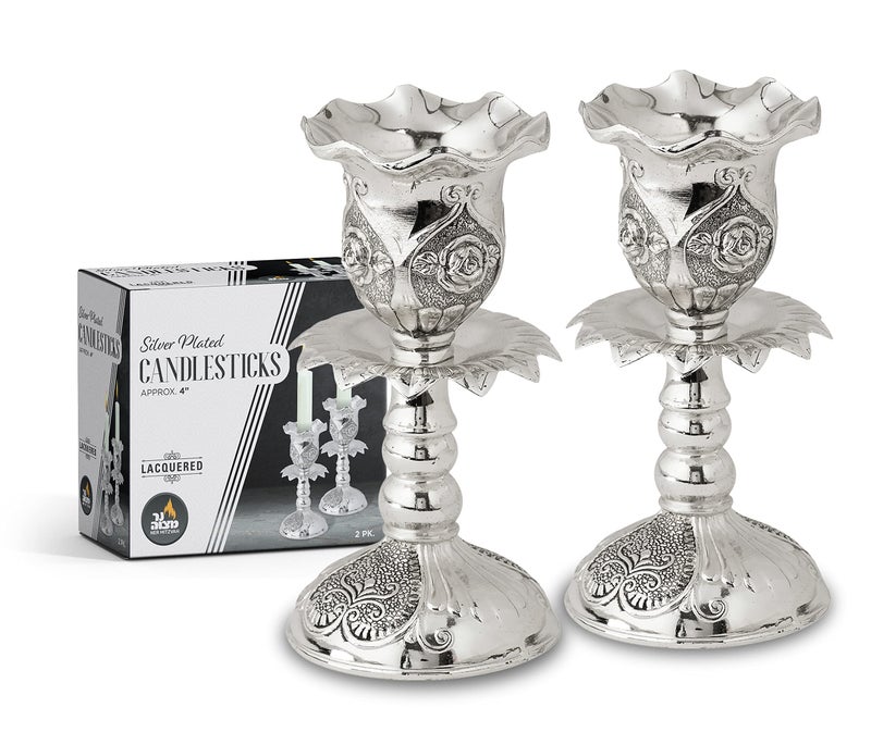 Ner Mitzvah Silver Plated Candlesticks, Pair of 4 Inch Ornate Candle Holders with Round Base and Floral Design (Pack of 2) - Image 2