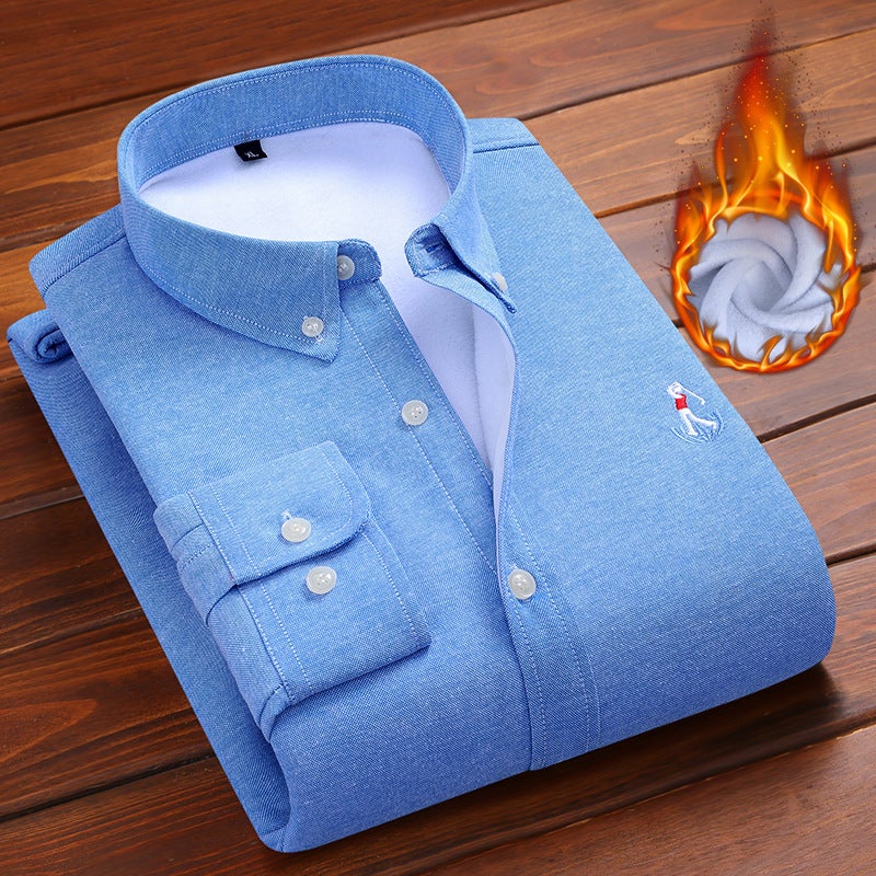 Boys winter thermal shirt fleece-lined thickened long-sleeved youth 60 cotton Oxford embroidered villain thermal underwear cardigan 893 blue Oxford thermal shirt men's fleece-lined thickened cardigan shirt 