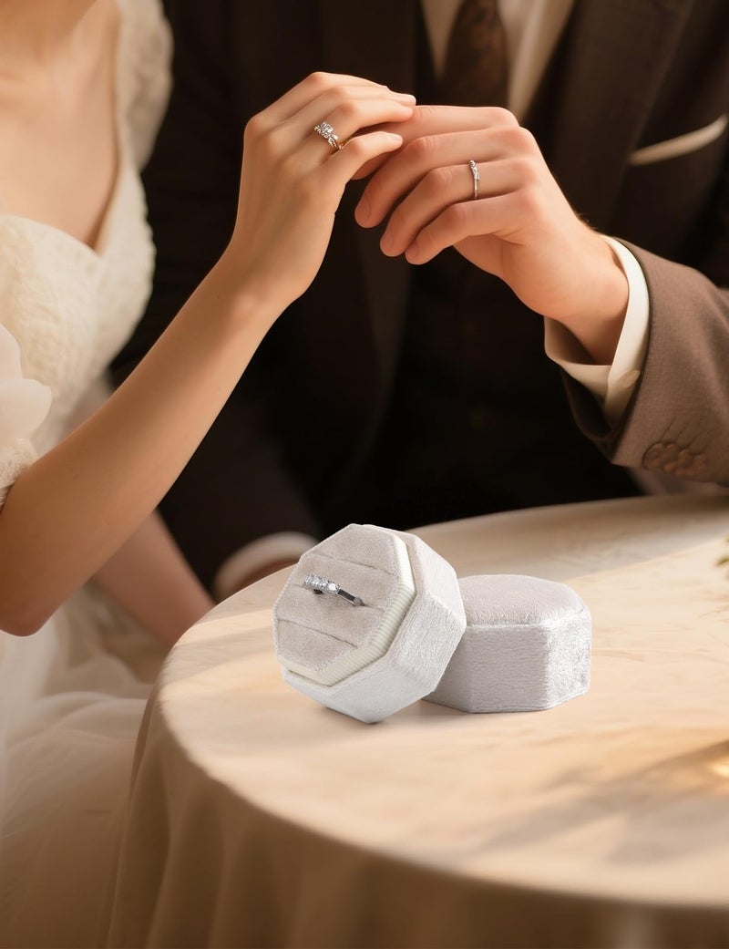 MFXIP Velvet Ring Box, 3 Slots Wedding Ring Box, Vintage Octagon Premium Jewelry Display Holder Gift Box with Detachable Lid for Engagement Wedding Box Keepsake Box Bridal Photo - Image 5