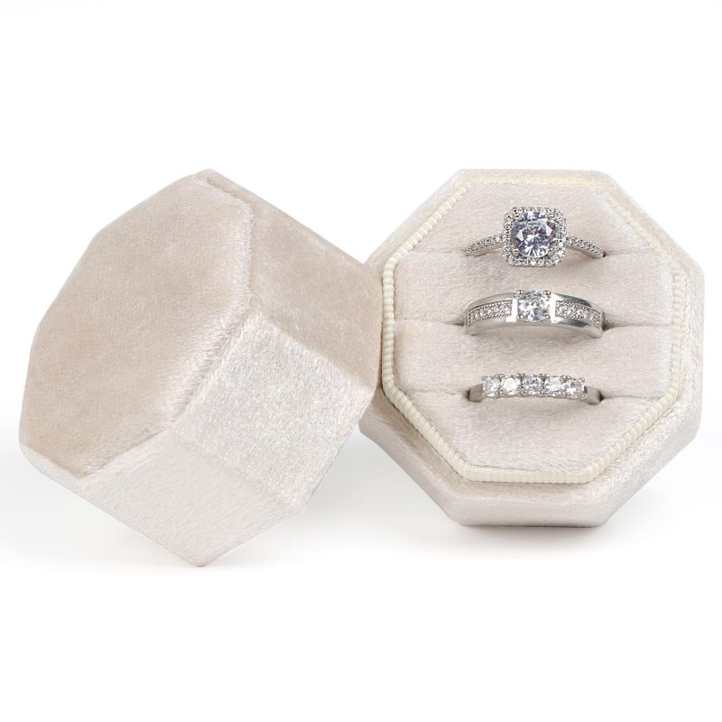 MFXIP Velvet Ring Box, 3 Slots Wedding Ring Box, Vintage Octagon Premium Jewelry Display Holder Gift Box with Detachable Lid for Engagement Wedding Box Keepsake Box Bridal Photo - Image 1