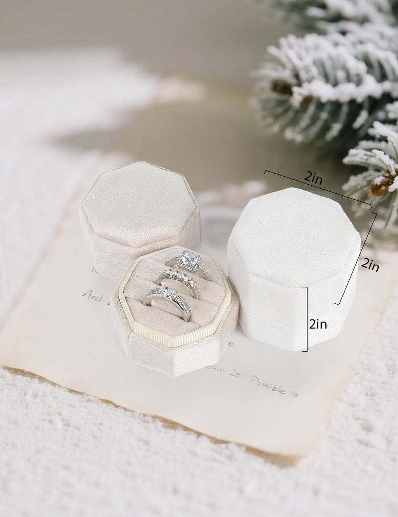 MFXIP Velvet Ring Box, 3 Slots Wedding Ring Box, Vintage Octagon Premium Jewelry Display Holder Gift Box with Detachable Lid for Engagement Wedding Box Keepsake Box Bridal Photo - Image 2