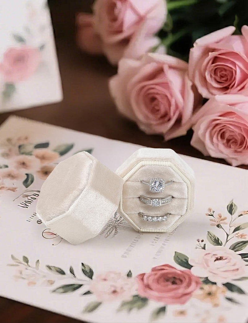 MFXIP Velvet Ring Box, 3 Slots Wedding Ring Box, Vintage Octagon Premium Jewelry Display Holder Gift Box with Detachable Lid for Engagement Wedding Box Keepsake Box Bridal Photo - Image 4