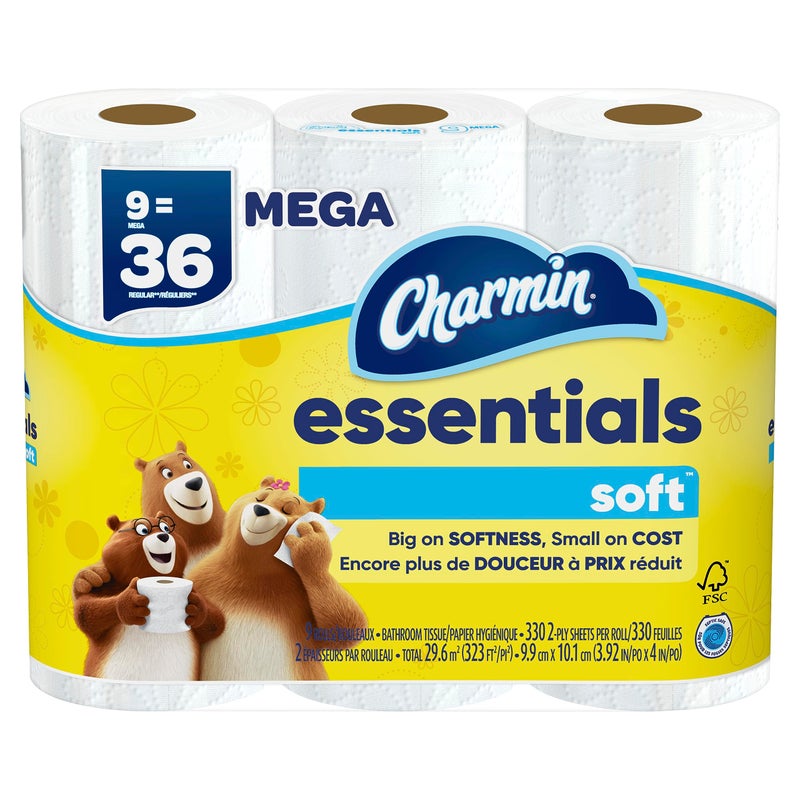 Charmin Essentials Soft Toilet Paper, 9 Mega Rolls = 36 Regular Rolls - Image 1