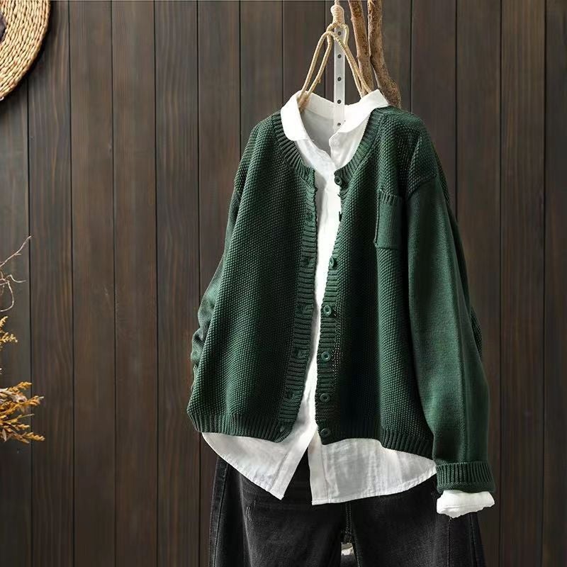 2023 Knitted Cardigan Sweater Womens Autumn Artistic Retro Long-sleeved Jacket Casual Top Army green [high quality fabric and high quality]