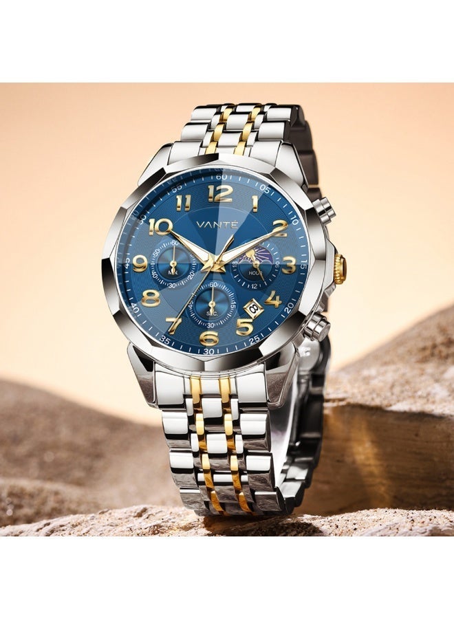 VOGUE VENUE VANTE Series Men's Luxury Blue Dial Chronograph Watch - Two-Tone Stainless Steel, Luminous & Waterproof with Moon Phase by VOGUE VENUE - VNT001 - Image 4