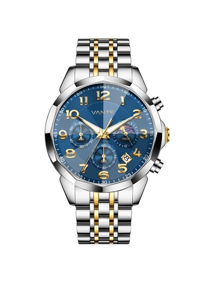 VOGUE VENUE VANTE Series Men's Luxury Blue Dial Chronograph Watch - Two-Tone Stainless Steel, Luminous & Waterproof with Moon Phase by VOGUE VENUE - VNT001 - Image 1