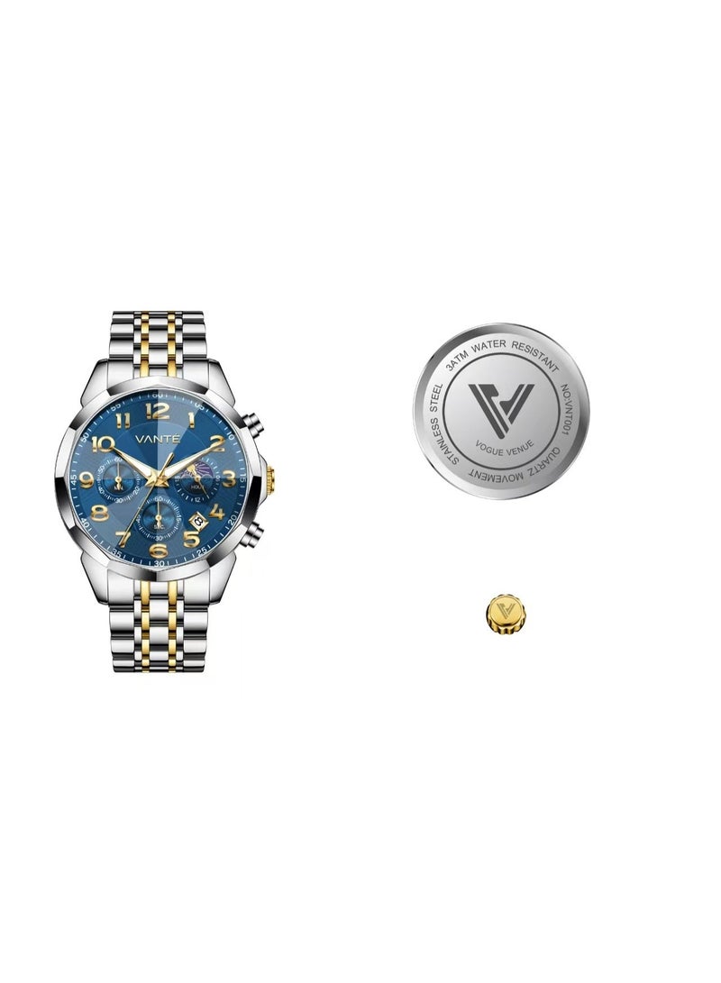VOGUE VENUE VANTE Series Men's Luxury Blue Dial Chronograph Watch - Two-Tone Stainless Steel, Luminous & Waterproof with Moon Phase by VOGUE VENUE - VNT001 - Image 2