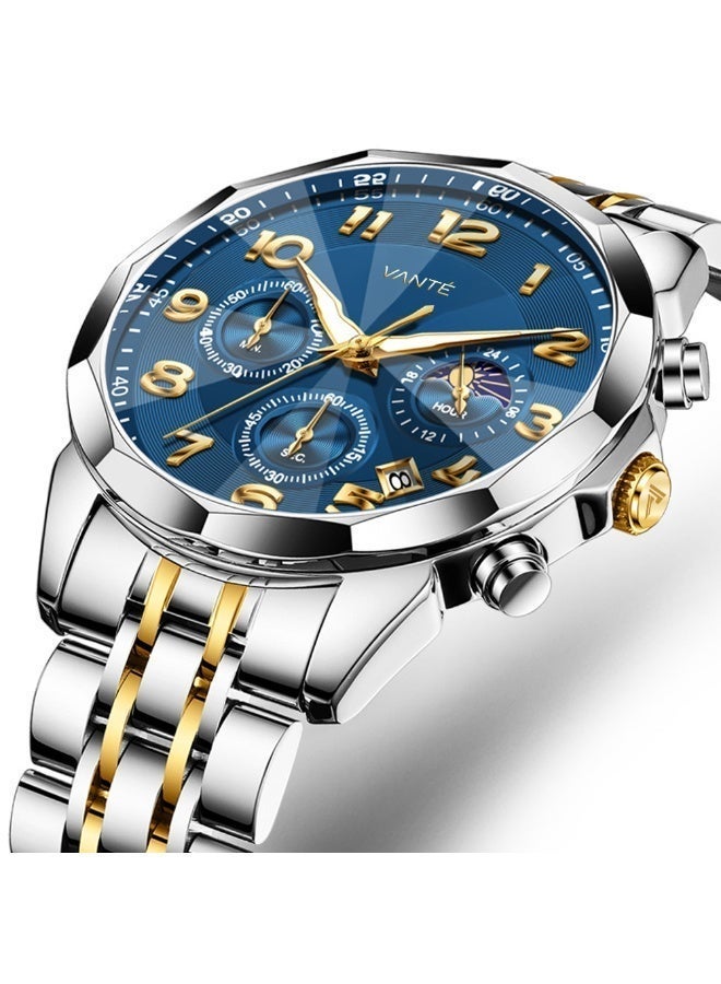 VOGUE VENUE VANTE Series Men's Luxury Blue Dial Chronograph Watch - Two-Tone Stainless Steel, Luminous & Waterproof with Moon Phase by VOGUE VENUE - VNT001 - Image 3