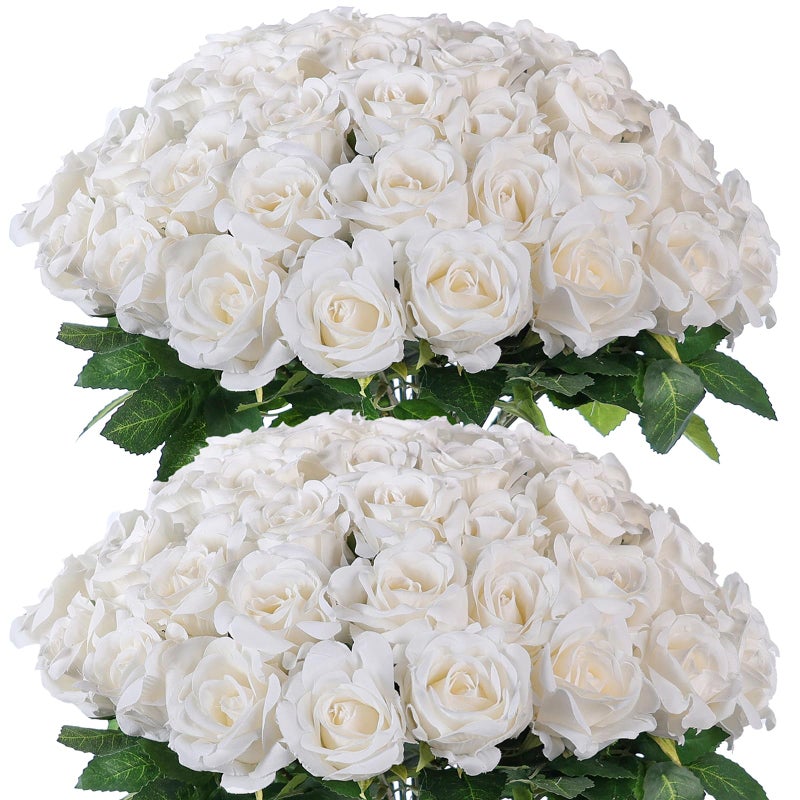 FOTEEWL 60 Pcs Artificial Rose Flower Realistic Faux Silk Roses Stem Fake Roses Bouquet for Flower Arrangement Wedding Centerpieces Party Home Decorations (Beige) - Image 1