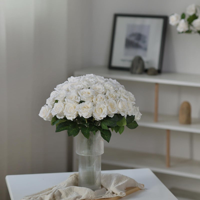 FOTEEWL 60 Pcs Artificial Rose Flower Realistic Faux Silk Roses Stem Fake Roses Bouquet for Flower Arrangement Wedding Centerpieces Party Home Decorations (Beige) - Image 3