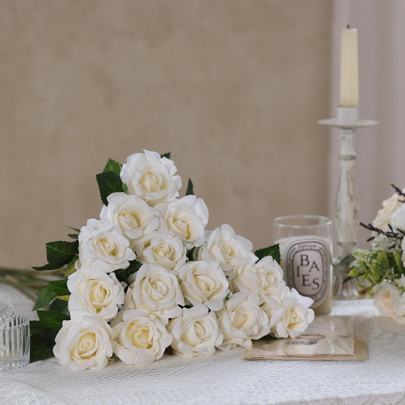 FOTEEWL 60 Pcs Artificial Rose Flower Realistic Faux Silk Roses Stem Fake Roses Bouquet for Flower Arrangement Wedding Centerpieces Party Home Decorations (Beige) - Image 5
