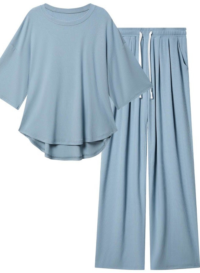 difficort Womens 2 Piece Short Sleeve Wide Leg Tracksuit Tracksuit with Pockets, 3/4 Sleeve - Blue Misty, G - Image 1