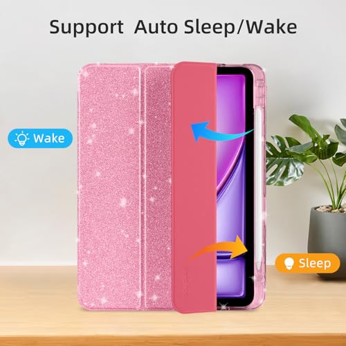 HOICHOE Case for iPad Air 13 Inch (M3 / M2, 2025/2024) & iPad Pro 12.9 6/5th Gen (2022/2021), Glittering Sparkly Cover with Shiny Clear Back Shell, Trifold Stand Case with Pencil Holder, Pink - Image 5