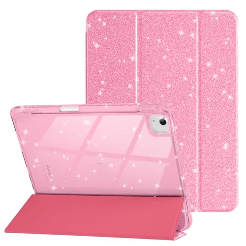 HOICHOE Case for iPad Air 13 Inch (M3 / M2, 2025/2024) & iPad Pro 12.9 6/5th Gen (2022/2021), Glittering Sparkly Cover with Shiny Clear Back Shell, Trifold Stand Case with Pencil Holder, Pink - Image 1