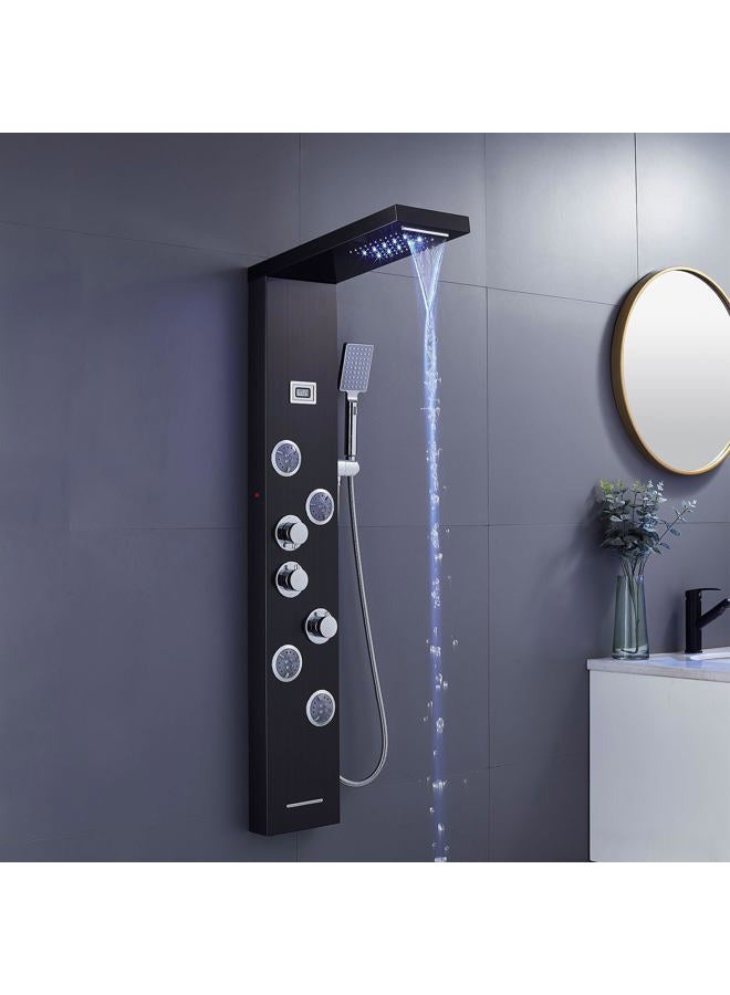 MENATT LED Shower Panel Tower System, 5 in 1 Stainless Steel Shower Column, Rainfall & Waterfall Shower Head, Massage Jets, Tub Spout, Handheld Shower(Black) - Image 4