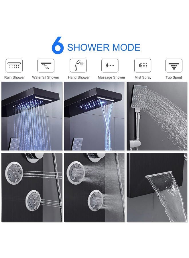 MENATT LED Shower Panel Tower System, 5 in 1 Stainless Steel Shower Column, Rainfall & Waterfall Shower Head, Massage Jets, Tub Spout, Handheld Shower(Black) - Image 3
