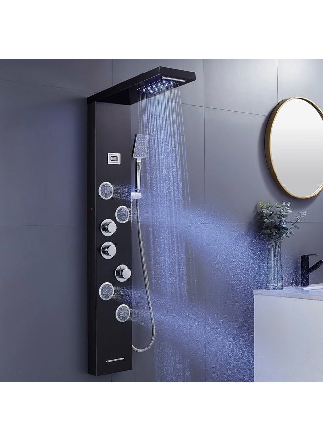 MENATT LED Shower Panel Tower System, 5 in 1 Stainless Steel Shower Column, Rainfall & Waterfall Shower Head, Massage Jets, Tub Spout, Handheld Shower(Black) - Image 1