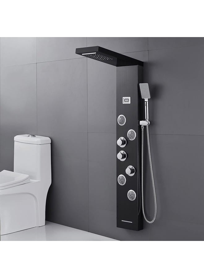 MENATT LED Shower Panel Tower System, 5 in 1 Stainless Steel Shower Column, Rainfall & Waterfall Shower Head, Massage Jets, Tub Spout, Handheld Shower(Black) - Image 2