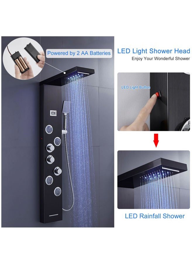 MENATT LED Shower Panel Tower System, 5 in 1 Stainless Steel Shower Column, Rainfall & Waterfall Shower Head, Massage Jets, Tub Spout, Handheld Shower(Black) - Image 5