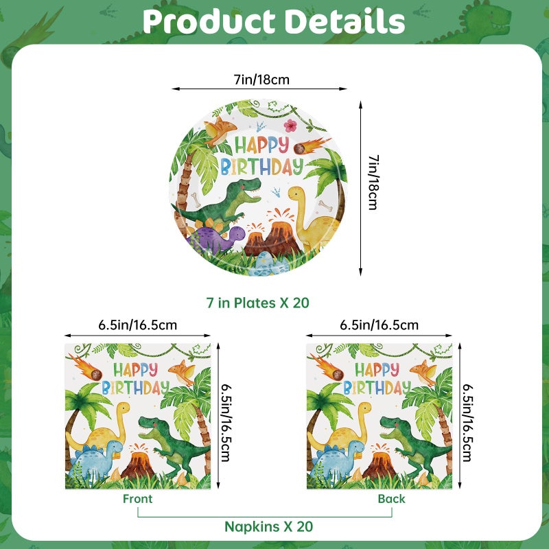 Litmitfu 40 Pcs Dinosaur Plates and Napkins Sets - Happy Birthday Dino Party Supplies Tableware, Watercolor Disposable Paper Plates Napkins Kit for Dinosaur Birthday Party Decorations Table Decor, Serves 20 - Image 3