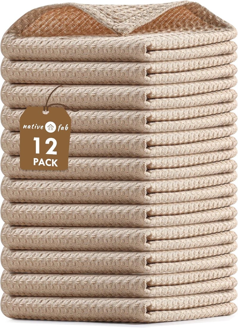 Native Fab Waffle 12 Pack Dish Cloths  100 Cotton Absorbent Quick Drying Washable Towels for Cleaning Cooking  Baking  Great for Daily Use Home Restaurants Cafes  12 x 12  Beige - Image 1
