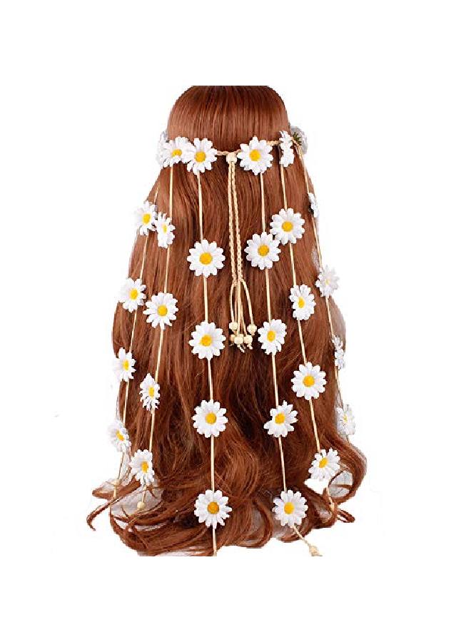YAXAMING Flower Headband Hippie Sunflower Hairband Floral Crown Bohemian Hair Bands Women Girls Boho Hair Hoop Headdress Headwear Headpiece Party Decoration Cosplay Costume Cute Handmade Hair Accessories White  - Image 2