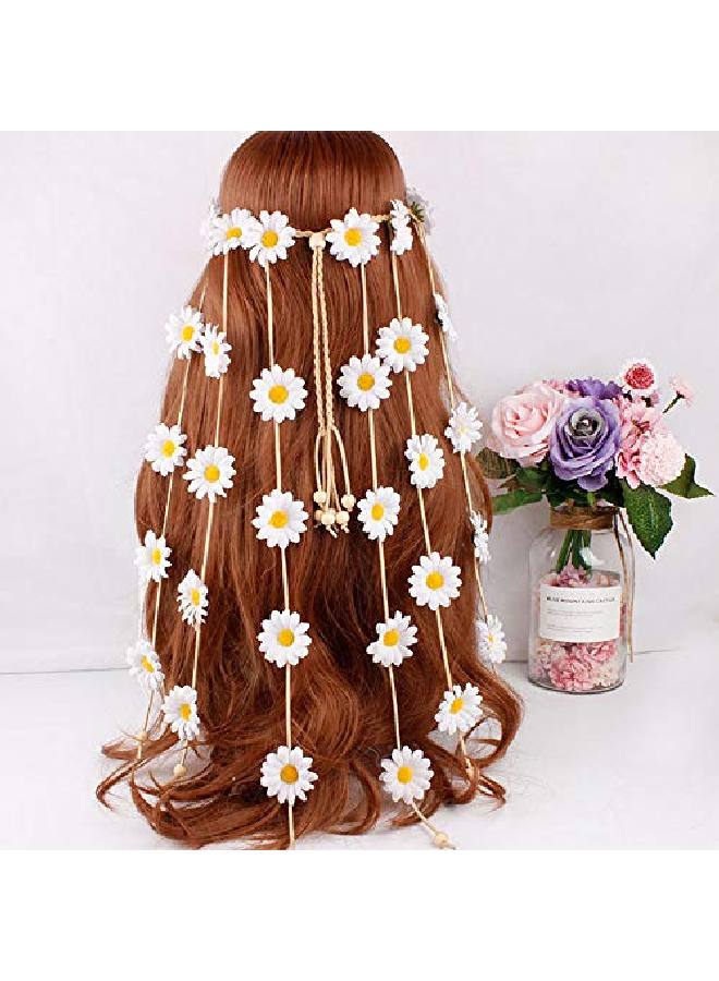 YAXAMING Flower Headband Hippie Sunflower Hairband Floral Crown Bohemian Hair Bands Women Girls Boho Hair Hoop Headdress Headwear Headpiece Party Decoration Cosplay Costume Cute Handmade Hair Accessories White  - Image 3