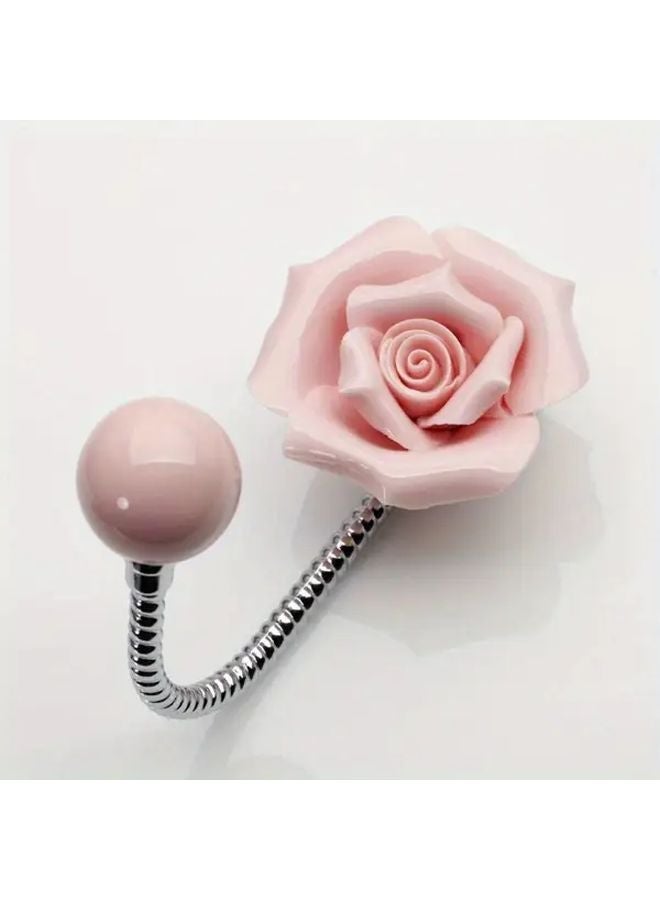 Pink 3D Ceramic Rose Wall Hook Chrome Finish Spiral Stem Towel Holder - Image 1
