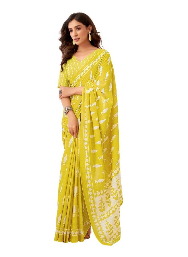 SIRIL ساري نسائي من قطن سيريلي مطبوع مع قطعة بلوزة غير مخيطة (3886S388_أصفر) - Image 1