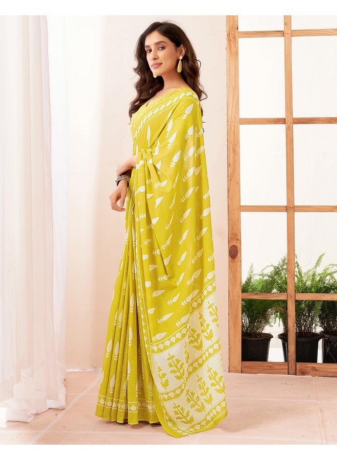 SIRIL ساري نسائي من قطن سيريلي مطبوع مع قطعة بلوزة غير مخيطة (3886S388_أصفر) - Image 2