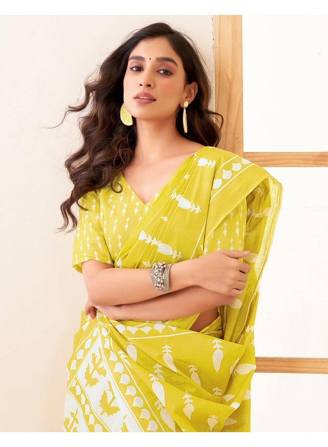 SIRIL ساري نسائي من قطن سيريلي مطبوع مع قطعة بلوزة غير مخيطة (3886S388_أصفر) - Image 5