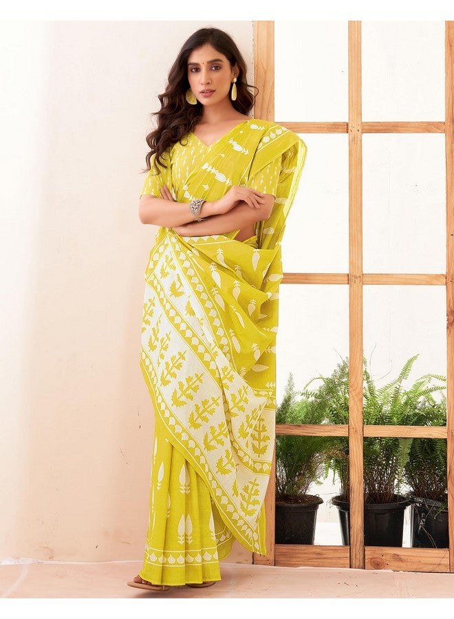 SIRIL ساري نسائي من قطن سيريلي مطبوع مع قطعة بلوزة غير مخيطة (3886S388_أصفر) - Image 3