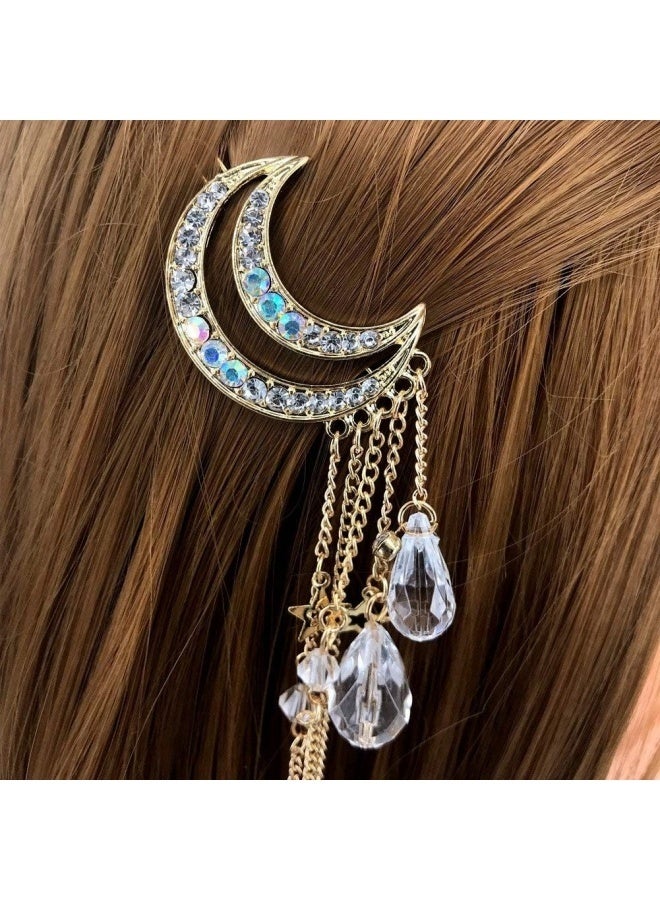 Hairpins - Crescent Moon Star Crystal Pendant Hairpins - Tassel Rhinestone Hairpins - Fashionable and Simple - Gold - Image 5