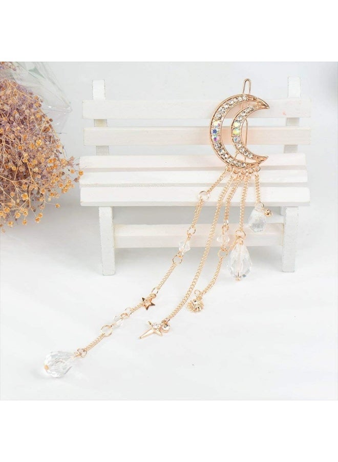 Hairpins - Crescent Moon Star Crystal Pendant Hairpins - Tassel Rhinestone Hairpins - Fashionable and Simple - Gold - Image 2
