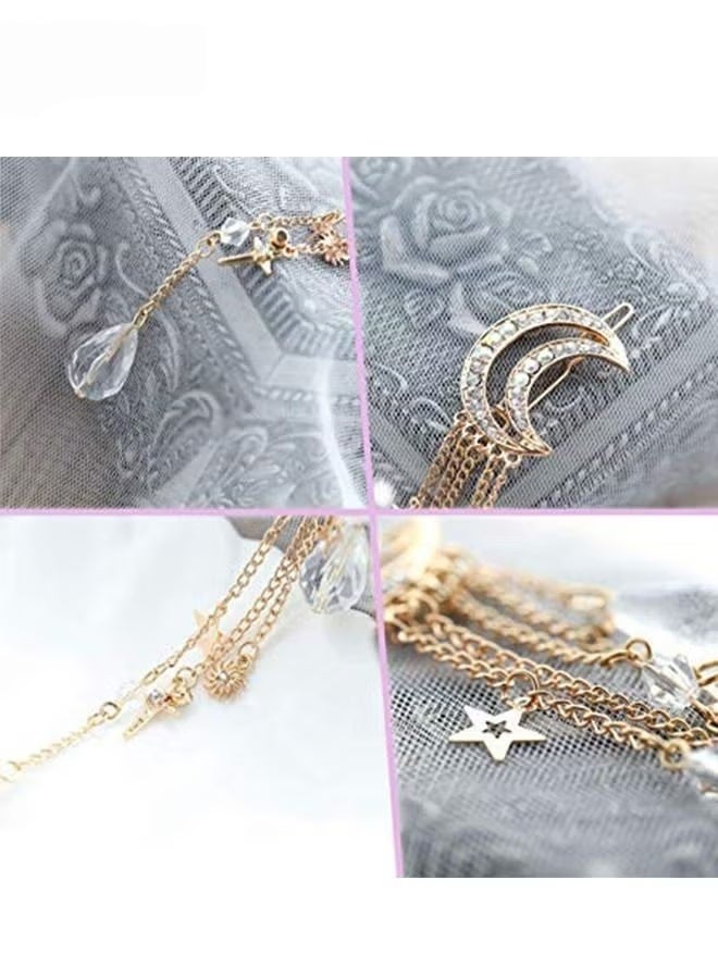 Hairpins - Crescent Moon Star Crystal Pendant Hairpins - Tassel Rhinestone Hairpins - Fashionable and Simple - Gold - Image 4