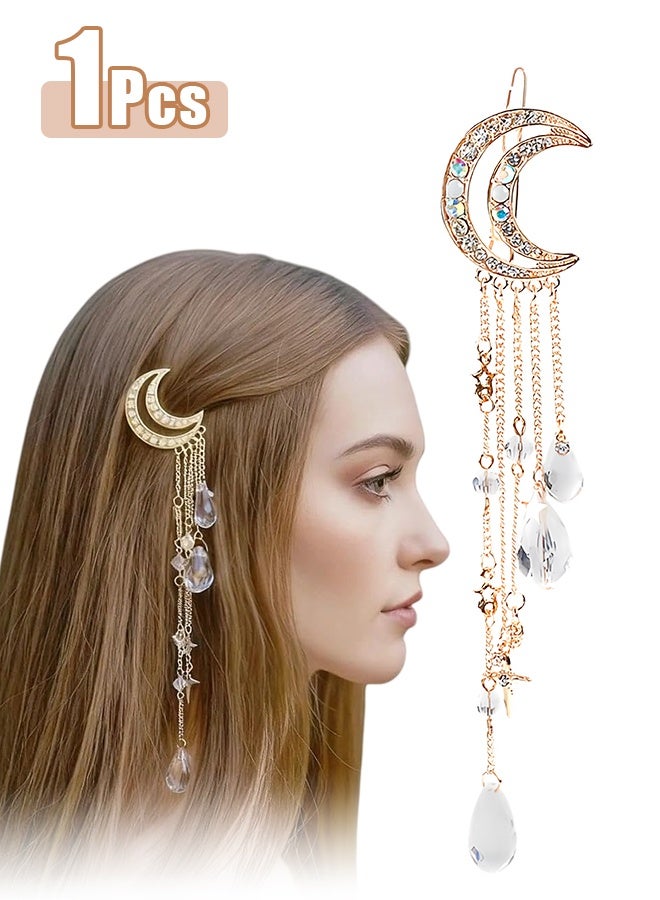 Hairpins - Crescent Moon Star Crystal Pendant Hairpins - Tassel Rhinestone Hairpins - Fashionable and Simple - Gold - Image 1