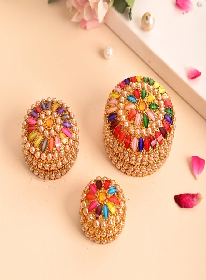 Craftam Handmade Beaded Kumkum Box Set - 3 Pcs Decorative Jewellery & Sindoor Box for Wedding, Pooja & Gift - Multicolor Round Pearl Beaded Dabbi - Image 1