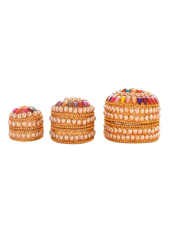 Craftam Handmade Beaded Kumkum Box Set - 3 Pcs Decorative Jewellery & Sindoor Box for Wedding, Pooja & Gift - Multicolor Round Pearl Beaded Dabbi - Image 5