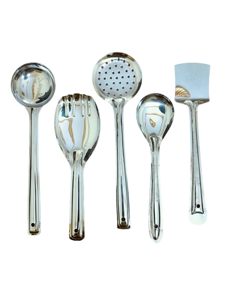 PUTHAK Stainless Steel Cooking And Serving Spoon Ladle Set, 5-Pieces Kitchen Tool Set (Spatula, Ladle, Skimmer, Cooking Spoon) - Image 1