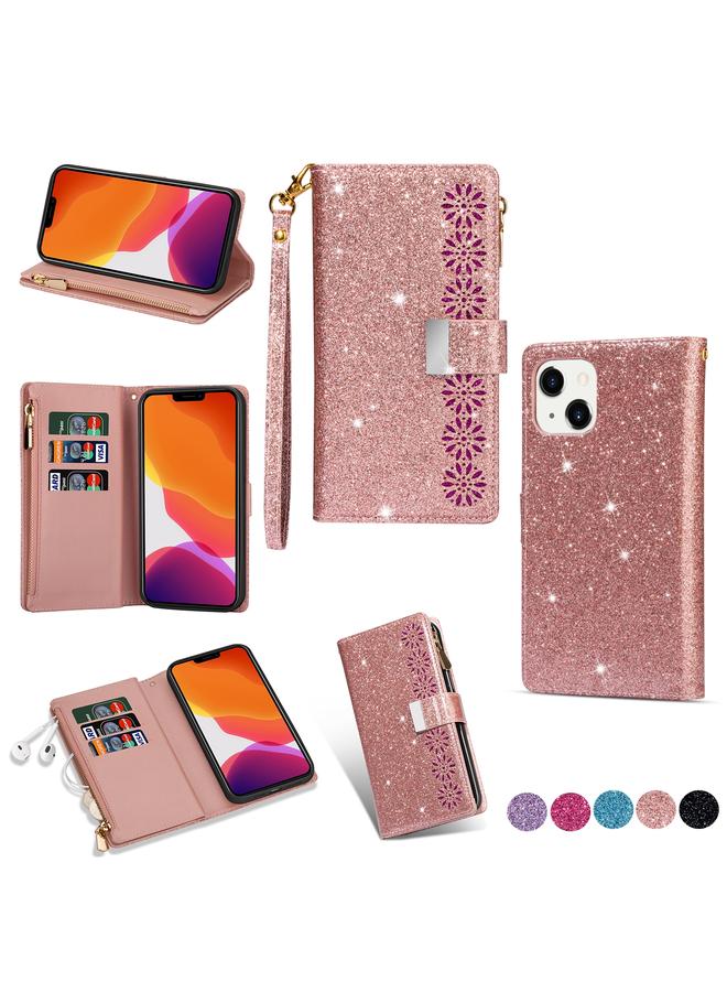 S-TOP Case For iPhone 14 Multi-card Slots Laser Carving Glitter Zipper Leather Case - Image 1