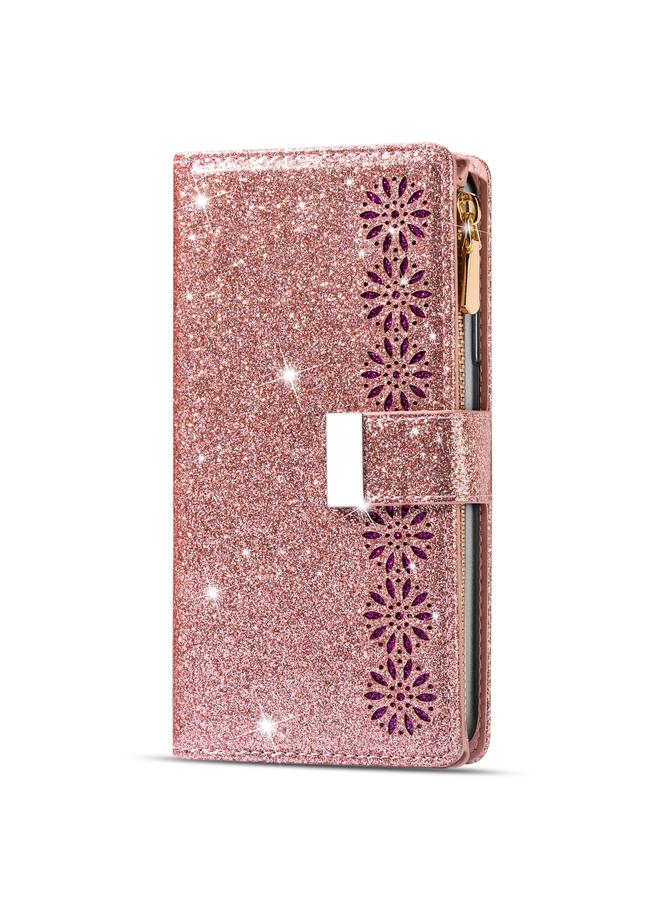 S-TOP Case For iPhone 14 Multi-card Slots Laser Carving Glitter Zipper Leather Case - Image 2