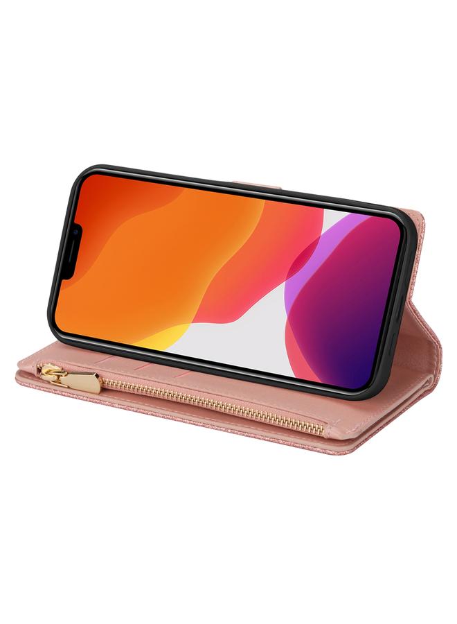 S-TOP Case For iPhone 14 Multi-card Slots Laser Carving Glitter Zipper Leather Case - Image 4