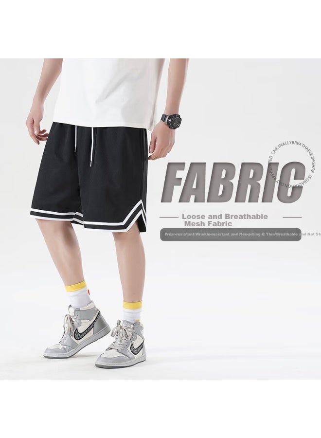 Homlean Men's American-style Sports Shorts Summer Ice Silk Thin Basketball Shorts Quick-drying Plus Size Casual Pants Cg20 Black 3XL - Image 1