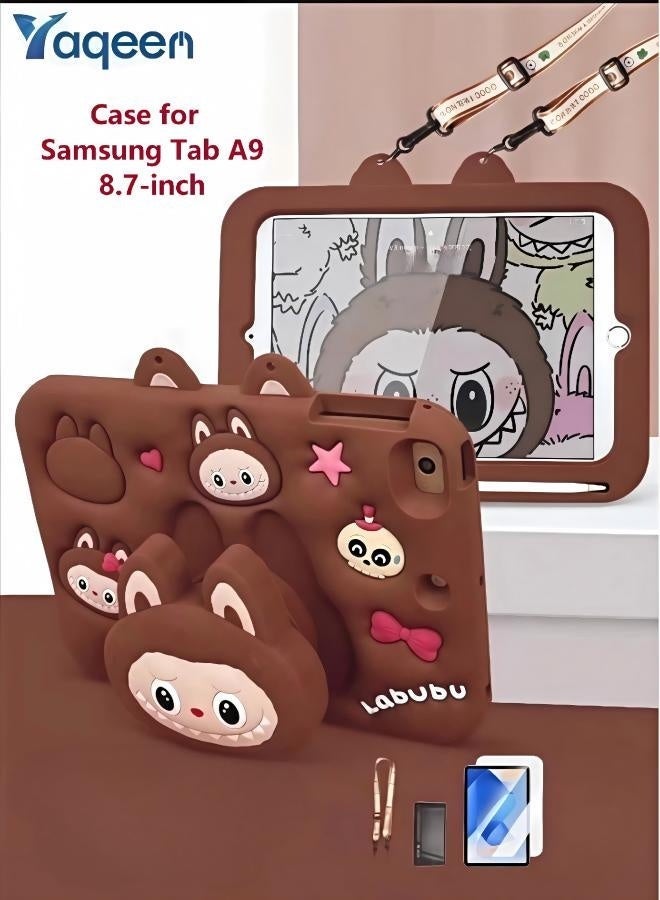 Yaqeen Samsung Galaxy Tab A9 8.7 inch (2023) Kids Case - Cute Labubu Design, Shockproof EVA Protective Cover with Handle Stand, Shoulder Strap & Screen Protector - Brown