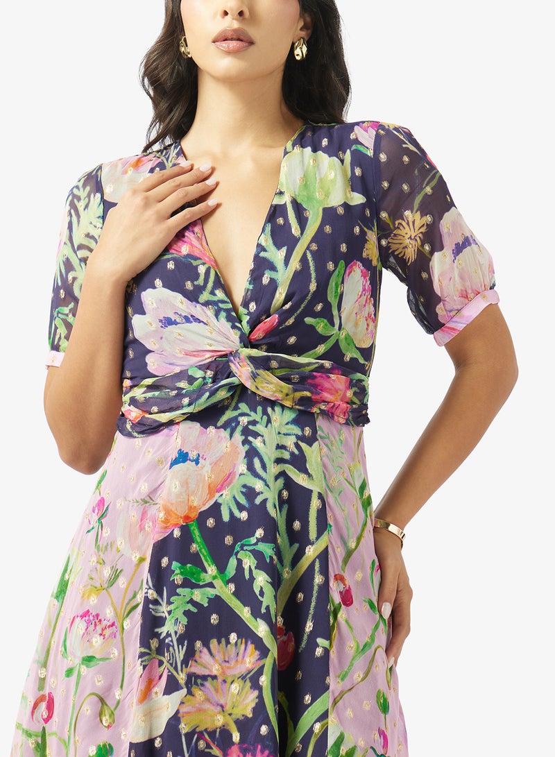 Hope & Ivy Spot Lurex Twist Front Midi Dress In Mixed Print - Image 3