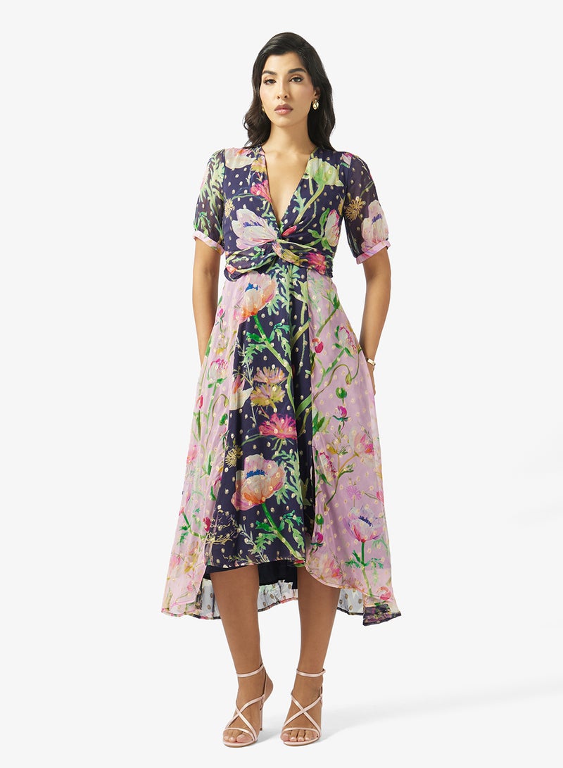 Hope & Ivy Spot Lurex Twist Front Midi Dress In Mixed Print - Image 1