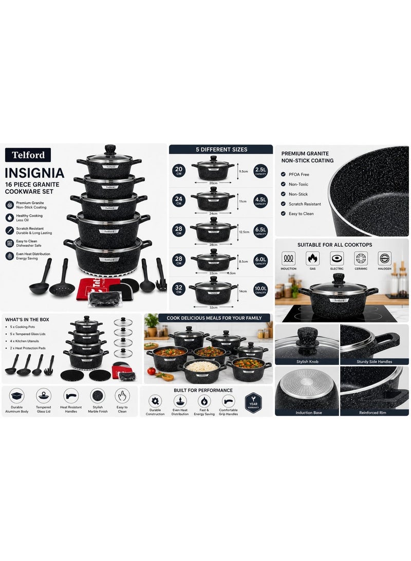 TELFORD 15 Piece Non-Stick Cookware Set with Glass Lids, Granite Coating, Aluminum Cooking Pots & Kitchen Utensils Set, Induction Compatible, Brown Marble Finish - Image 2