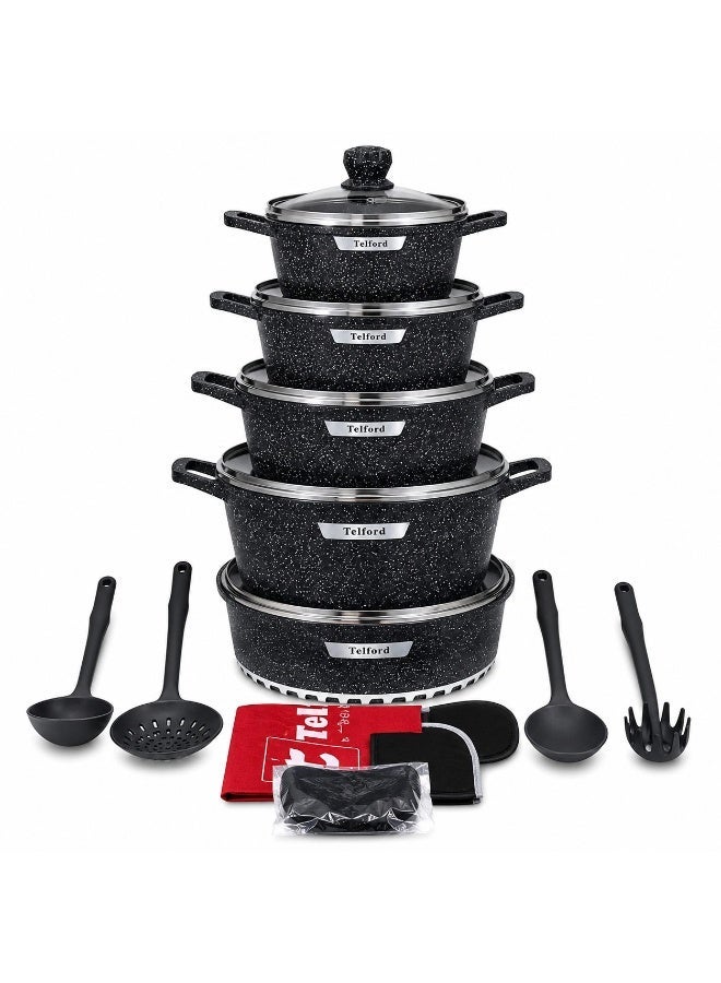 TELFORD 15 Piece Non-Stick Cookware Set with Glass Lids, Granite Coating, Aluminum Cooking Pots & Kitchen Utensils Set, Induction Compatible, Brown Marble Finish - Image 1